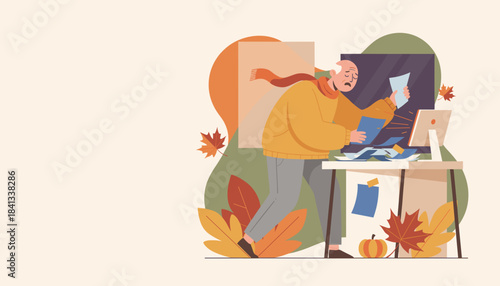 Worried senior man overwhelmed by bills and paperwork on an autumn day