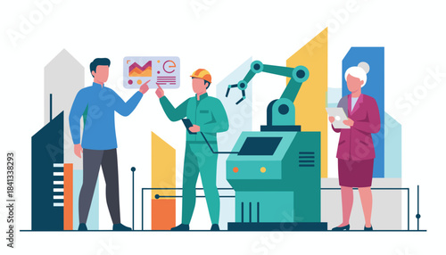 Team analyzes data dashboard and robotic automation in a modern smart factory