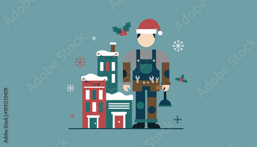 Holiday handyman in Santa hat standing near snowy buildings Festive maintenance and emergency repair service