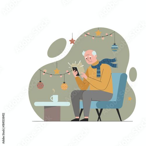 Senior man looks unhappy using his smartphone during holiday isolation