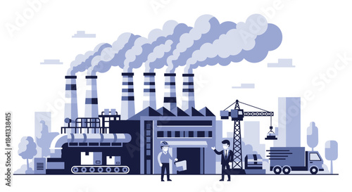 Industrial manufacturing landscape Factory pollution logistics and engineers discussing business