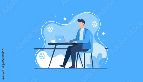 Remote work concept Professional man using laptop and coffee cup in a stylized winter illustration