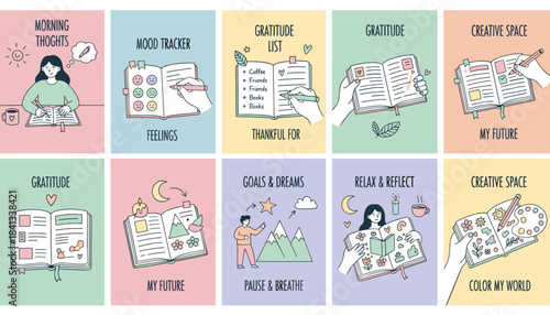 Selfcare and personal growth vector set journaling mood tracking gratitude lists goals and creative reflection