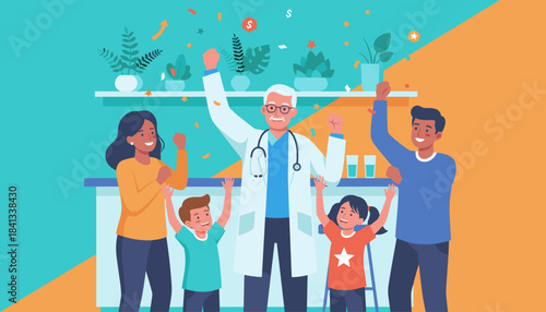 Doctor and happy family celebrate health success and financial relief