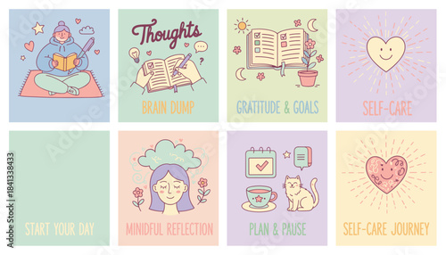 Cute selfcare illustration set journaling mindfulness planning gratitude and mental wellness