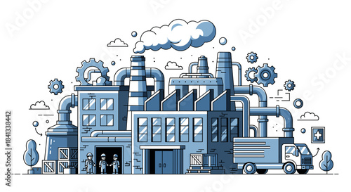 Industrial factory complex vector illustration showing workers production lines gears and logistics truck