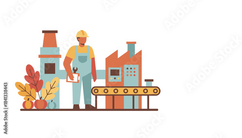 Industrial technician with hard hat and wrench stands by factory machinery conveyor belt during the autumn season