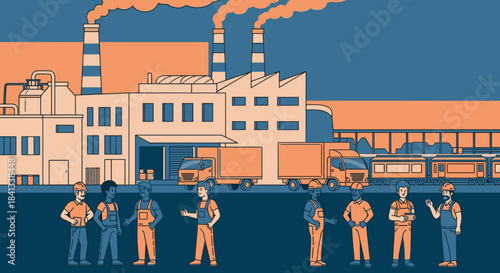 Workers meet outside factory Industry production logistics and supply chain illustration