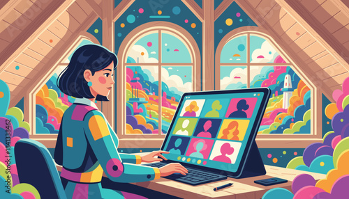 Woman on a video conference call in a colorful attic office blending remote work and creative freedom