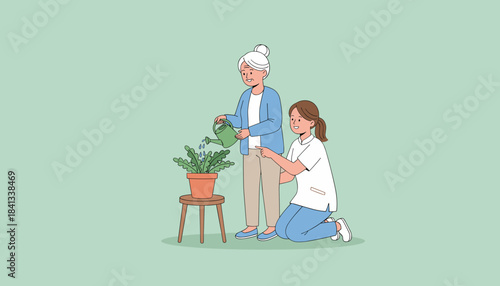 Caregiver assists happy senior woman water plant Assisted living home healthcare and retirement wellness activity