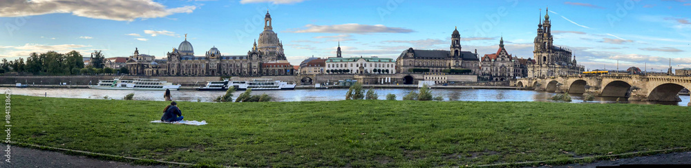Fototapeta premium Dresden Panorama Skyline at Sunset with Elbe River and Augustus Bridge