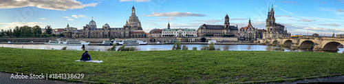 Dresden Panorama Skyline at Sunset with Elbe River and Augustus Bridge