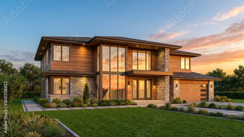 Luxurious modern two-story house with wood and stone facade during a beautiful sunset