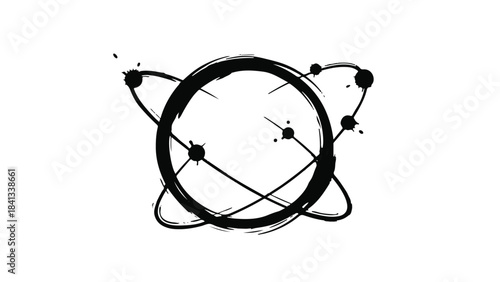 Black and white atom molecule structure scientific illustration with orbiting electrons and nucleus on clean white background for chemistry education and science concepts