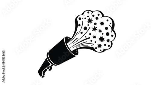 Black and white party popper illustration with confetti and stars, festive celebration element for design, decoration, and party invitations