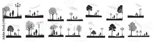 Black silhouettes of families walking in park with trees and lampposts