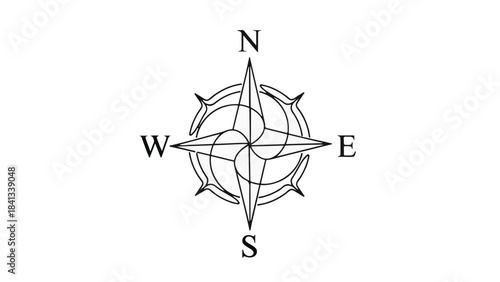 Vintage navigation compass with north south east west directions on white background for travel exploration concept