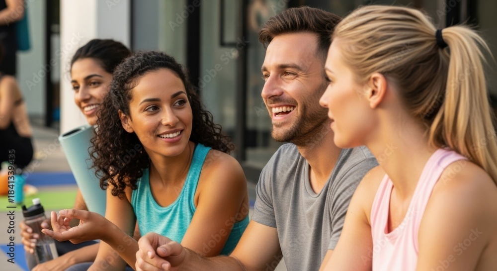Obraz premium Close up of happy diverse friends chatting in yoga studio holding mats. Smiling multiethnic young people communicating after fitness workout. Social wellness and friendship concept.