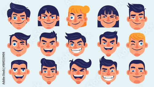 Collection of Diverse Cartoon Faces with Various Expressions.