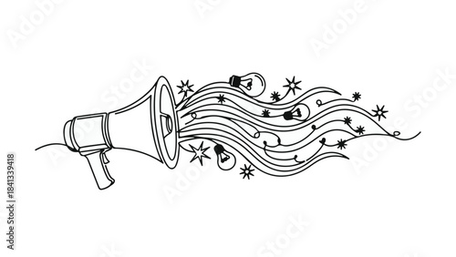 Megaphone announcement with music notes and stars coming out, loudspeaker broadcasting sound waves, joyful energetic illustration for communication concept