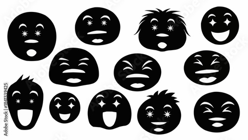 Collection of expressive black silhouette emoticons with various facial expressions.