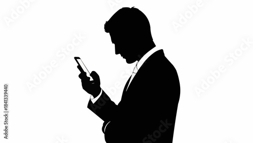 Silhouette of a man in a suit looking at his phone.