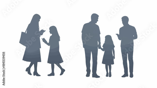 Silhouettes of families with children interacting with technology.