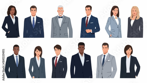 Diverse group of professional business people standing together in formal attire.