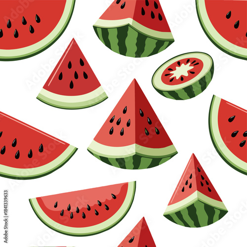 Create a Fresh juicy red watermelon slices with black seeds are isolated. These sweet fruit pieces are placed vector art with white background.