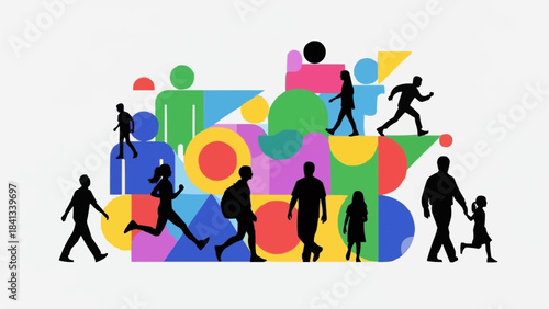 Diverse group of people in silhouette walking and running.