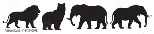collection of black silhouettes of african wildlife and a bear