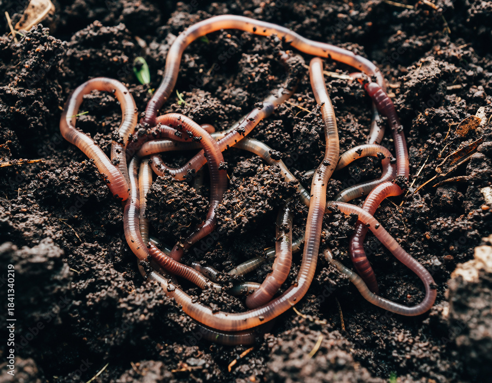 Obraz premium A cluster of earthworms crawls across rich, dark soil. Symbolizes growth, decay, natural processes, and sustainable agriculture. Great for environmental themes.