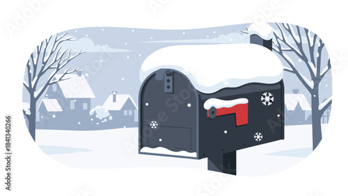 Snowy winter scene with a mailbox and snowflakes falling on a rural landscape with trees and houses