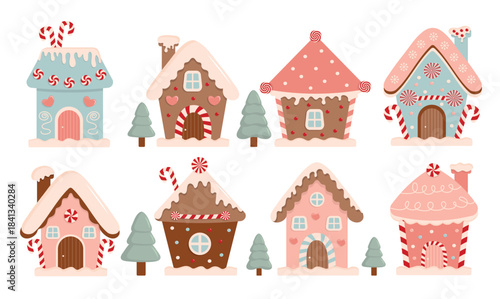 Christmas Gingerbread Candy Houses set. Pastel candy biscuit houses. Vector flat cartoon illustration