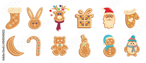 Christmas gingerbread stickers. New Year decorative glazed cookies such as rabbit, Santa Claus, bear, penguin, deer, snowman, sock, mitten, moon, gift box and candy cane.