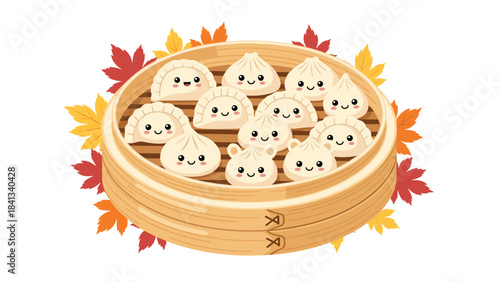 A steamer basket filled with adorable dumplings surrounded by colorful autumn leaves on
