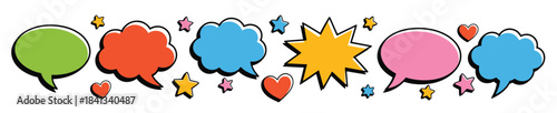 colorful comic book speech bubbles and stars with hearts on