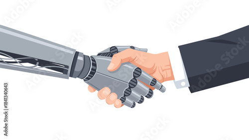 A robotic hand and a human hand shaking in a gesture of partnership and cooperation