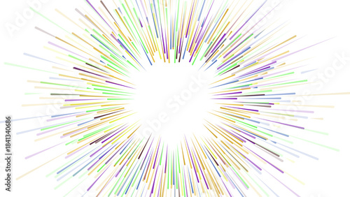Tableau sur toile Abstract colorful lines radiating from a central white void, creating a dynamic starburst effect on a white background