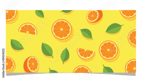 Vibrant illustration of sliced oranges and green leaves on a bright yellow background for design and decoration purposes