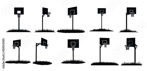 Collection of Black Silhouette Basketball Hoops on White Background