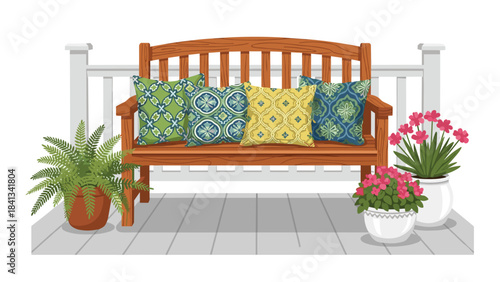 Colorful wooden bench with patterned cushions and potted plants on a deck with white railing