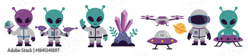 collection of cute cartoon aliens and spacecraft illustrations
