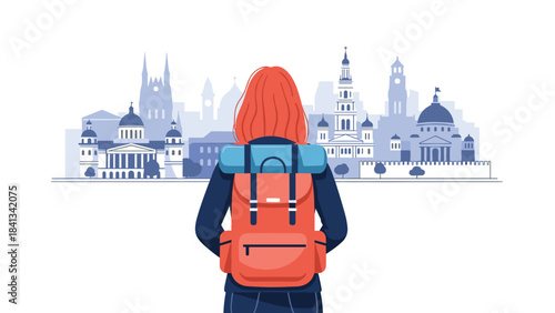 Young traveler with red hair and backpack looking at city skyline with famous landmarks