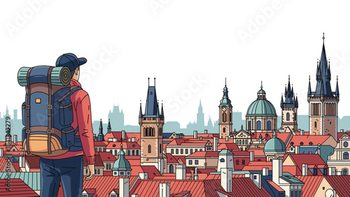 A traveler with a backpack looking out over a cityscape with historic buildings and spires