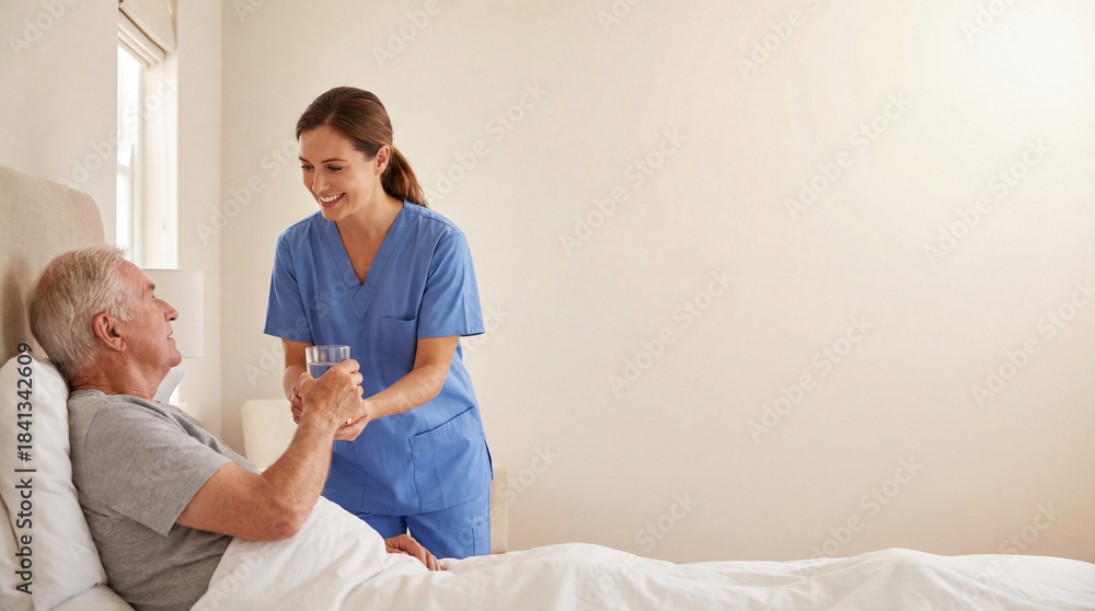 Fototapeta premium Nurse helps senior in bed, nurse offers glass of water with gentle smile, nurse showing compassion and support for recovery, perfect for nurses day greeting or healthcare promotion, copyspace concept