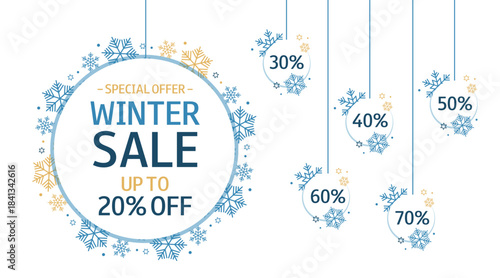 Winter sale banner with snowballs, snowflakes, text and different interest.	Template for design of banner, advertising, invitation, promotions, flyer. 