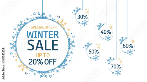 Winter sale. Promotional Banner with snowballs, snowflakes, text and different interest. 