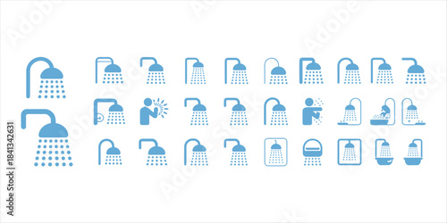 Blue icons illustrating shower heads, water flow, and showering actions Keywords: shower, icon, blue, water, flow, spray, droplet