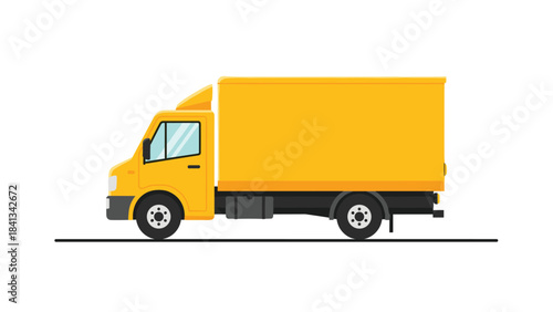 A bright yellow delivery truck driving on a road with a large cargo box